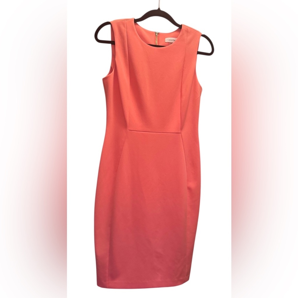Calvin Klein sleeveless sheath dress salmon coral SZ 8 back gold zip